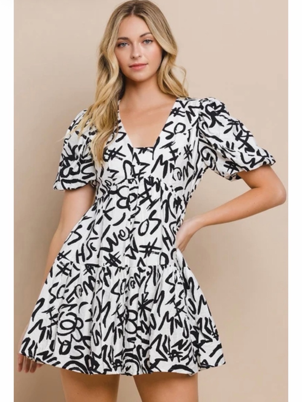 TCEC Black & White Graffiti V-Neck Mini Dress